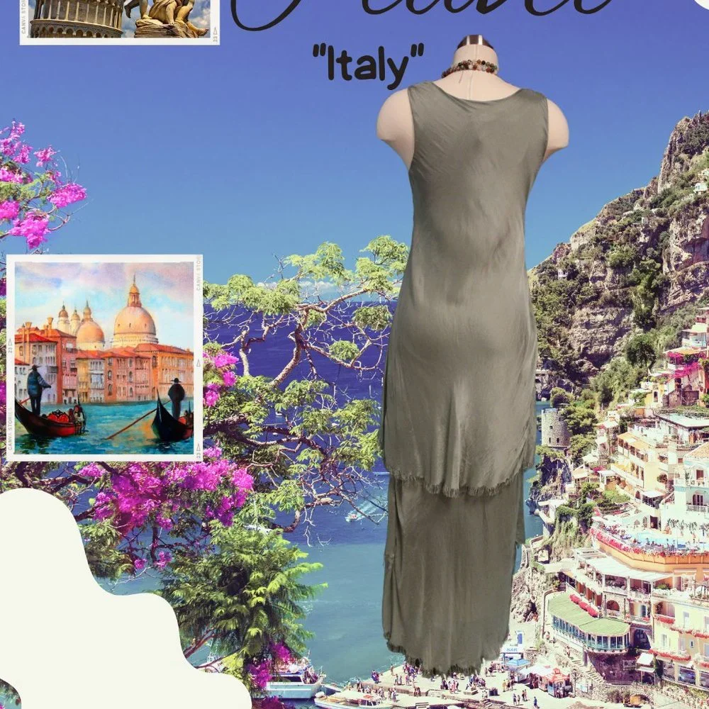 Olive Italian silk ruffled dress - Picture 2 of 3